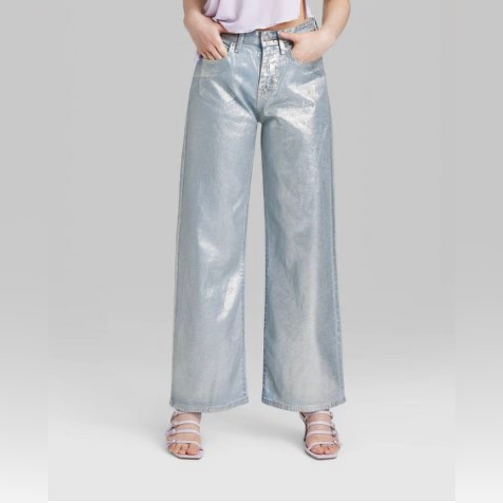 wild fable High Rise Wide Leg Coated Jeans Metallic Silver